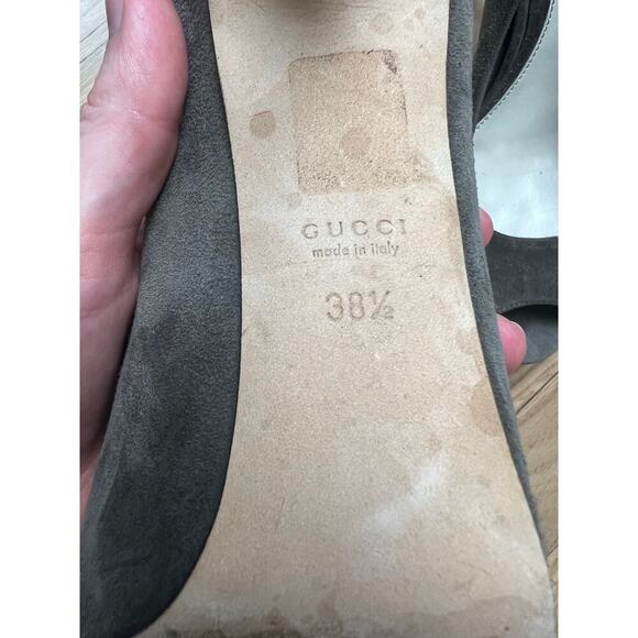 Gucci Women's 38.5 Heels Open Toe Pumps Suede Olive Green Taupe FLAWED Sz 8.5 - Picture 7 of 16